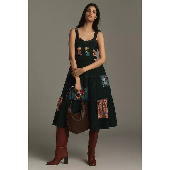 New NWT Anthropologie x Maeve Patchwork Corduroy Midi Dress Green Size S